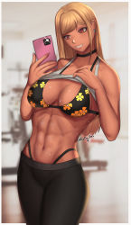 Rule 34 | 1girl, abs, absurdres, bikini, blonde hair, blurry, blurry background, breasts, cleavage, clothes lift, dark skin, earrings, exercise machine, floral print, fluffydus, glint, highres, holding, holding phone, jewelry, kitagawa marin, long hair, medium breasts, muscular, muscular female, pants, phone, red eyes, shirt lift, smile, sono bisque doll wa koi wo suru, sweat, swimsuit