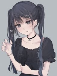 Rule 34 | 1girl, bad id, bad twitter id, black choker, black hair, black shirt, blush, choker, collarbone, commentary request, crying, crying with eyes open, ear piercing, earrings, eyelash curler, grey background, grey eyes, grey nails, hair ornament, hairclip, hand mirror, highres, holding, holding mirror, jewelry, long hair, mirror, nail polish, original, parted lips, piercing, puffy short sleeves, puffy sleeves, shirt, short sleeves, simple background, solo, stud earrings, tears, tsuruse, twintails, upper body, very long hair, wavy mouth