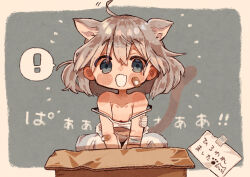 Rule 34 | !, 1girl, absurdres, animal ears, bandage on face, bandaged arm, bandages, bare shoulders, blue background, blue eyes, blush stickers, box, cat ears, cat girl, commentary request, double strap slip, dress, fang, grey hair, highres, in box, in container, kamizakana iriko, medium hair, no sclera, open mouth, original, simple background, sitting, skin fang, sleeveless, smile, solo, spoken exclamation mark, strap slip, tail, translation request, white dress