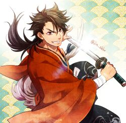 1boy brown_eyes brown_hair glint grin hakama holding holding_sword holding_weapon japanese_clothes jin_akhr katana looking_at_viewer male_focus mutsu-no-kami_yoshiyuki ponytail seigaiha smile solo sword touken_ranbu weapon wide_sleeves