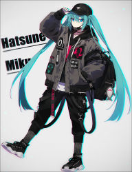 Rule 34 | 1girl, arm up, baseball cap, black footwear, black hat, black hoodie, black pants, blue eyes, blue hair, blue nails, character name, closed mouth, drawstring, full body, grey background, grey jacket, grey socks, hair between eyes, hakusai (tiahszld), hand in pocket, hand on headwear, hat, hatsune miku, highres, hood, hood down, hoodie, jacket, long hair, long sleeves, mask, mask pull, mouth mask, nail polish, open clothes, open jacket, pants, puffy long sleeves, puffy sleeves, shoes, sleeves past wrists, socks, solo, standing, standing on one leg, twintails, very long hair, vocaloid