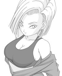 Rule 34 | android 18, blonde hair, bra, breasts, cleavage, dragon ball, highres, large breasts, tagme, training bra, underwear, undressing, xenodoujin