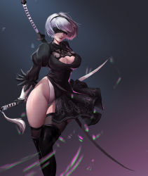 Rule 34 | 1girl, absurdres, arms at sides, bad id, bad pixiv id, black dress, black footwear, black gloves, black hairband, black ribbon, black thighhighs, blindfold, boots, breasts, cleavage, cleavage cutout, clothing cutout, covered erect nipples, covered eyes, cowboy shot, dress, feather-trimmed sleeves, feather trim, gloves, gradient background, groin, hairband, highleg, highleg leotard, highres, holding, holding sword, holding weapon, huge weapon, juliet sleeves, katana, large breasts, legs together, leotard, lips, long sleeves, looking at viewer, mole, mole under mouth, nier:automata, nier (series), nose, parted lips, puffy sleeves, red lips, ribbon, short hair, side slit, silver hair, skin tight, skindentation, solo, standing, swept bangs, sword, tassel, teeth, thigh gap, thighhighs, thighhighs under boots, thighs, turtleneck, vambraces, weapon, weapon on back, white leotard, 2b (nier:automata)