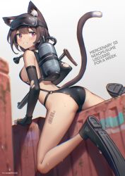 Rule 34 | 1girl, absurdres, animal ears, ass, barcode, barcode tattoo, bilibili xiaolu, black gloves, black one-piece swimsuit, blush, breasts, brown hair, cat ears, cat girl, cat tail, diving mask, diving mask on head, elbow gloves, fingerless gloves, flippers, gloves, goggles, goggles on head, gun, hair between eyes, highres, large breasts, o-ring, o-ring swimsuit, one-piece swimsuit, original, purple eyes, scuba tank, short hair, simple background, smile, solo, submachine gun, suppressor, swimsuit, tail, tattoo, torn clothes, torn gloves, type 85 submachine gun, weapon, wet
