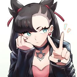 Rule 34 | 1girl, asymmetrical bangs, black choker, black jacket, black nails, choker, closed mouth, commentary request, creatures (company), dress, earrings, eyelashes, game freak, green eyes, hair ribbon, hands up, highres, jacket, jewelry, konbu 1270, long sleeves, looking to the side, marnie (pokemon), nail polish, nintendo, open clothes, open jacket, pink dress, pokemon, pokemon swsh, red ribbon, ribbon, simple background, solo, twintails, upper body, v, white background