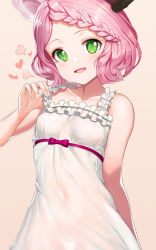 Rule 34 | 1girl, :d, animal ears, bad id, bad pixiv id, bare arms, bare shoulders, blade &amp; soul, blush, bow, braid, breasts, brown background, collarbone, commission, dress, fingernails, frilled dress, frills, greem bang, green eyes, head tilt, heart, highres, looking at viewer, lyn (blade &amp; soul), open mouth, panties, parted bangs, pink hair, purple bow, purple ribbon, ribbon, see-through, short hair, simple background, sleeveless, sleeveless dress, small breasts, smile, solo, string panties, sweat, underwear, white dress, white panties