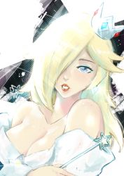 Rule 34 | 1girl, artist name, bare shoulders, blonde hair, blue eyes, blue eyeshadow, breasts, brooch, cleavage, collarbone, crown, dress, earrings, eyelashes, eyeshadow, hair over one eye, holding, holding wand, jewelry, large breasts, lips, long hair, makeup, mario (series), nintendo, nose, nostrils, off-shoulder dress, off shoulder, parted lips, rosalina, self hug, signature, solo, star (symbol), super mario galaxy, upper body, vialnite, wand, white dress