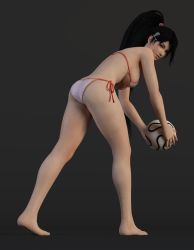 Rule 34 | 1girl, ass, back, ball, bare arms, bare back, bare shoulders, barefoot, bikini, black hair, breasts, brown eyes, curvy, dead or alive, feet, highres, hip focus, holding, holding ball, legs, long hair, momiji (ninja gaiden), ninja gaiden, ponytail, soccer ball, solo, swimsuit, thick thighs, thighs, wide hips, x2gon