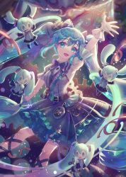 Rule 34 | 1girl, aqua eyes, arm up, black skirt, blurry, blurry background, bow, character doll, commentary request, feet out of frame, frilled skirt, frills, gears, gloves, glowing, green background, hair bow, hair ornament, hand up, hatsune miku, highres, kozou kazaru, light particles, long hair, looking to the side, open mouth, outstretched arm, print skirt, puffy short sleeves, puffy sleeves, shirt, short sleeves, sidelocks, skirt, smile, standing, stuffed animal, stuffed toy, twintails, vocaloid, white gloves, white shirt