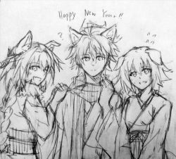 Rule 34 | 1girl, 2boys, ahoge, animal ears, astolfo (fate), blonde hair, blush, braid, cat ears, coat, dog ears, fang, fate/apocrypha, fate (series), fokwolf, hair ornament, hair ribbon, hand on own neck, hands on another&#039;s shoulder, happy new year, highres, japanese clothes, jeanne d&#039;arc (fate), jeanne d&#039;arc (ruler) (fate), kimono, long braid, long hair, looking at viewer, multiple boys, multiple girls, new year, one eye closed, open clothes, open coat, ribbon, scarf, short hair, sieg (fate), single braid, striped clothes, striped scarf, trap, very long hair, yukata