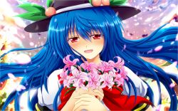 Rule 34 | 1girl, bad id, bad pixiv id, blue hair, blush, bouquet, female focus, flower, food, fruit, happy, hat, highres, hinanawi tenshi, holding, lily (flower), long hair, nekominase, peach, red eyes, smile, solo, touhou, wallpaper