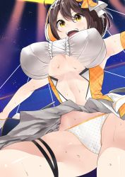 Rule 34 | 1girl, ahoge, azur lane, baltimore (azur lane), baltimore (muse) (azur lane), bow, breasts, brown hair, center opening, clothes lift, clothing cutout, commentary request, covered erect nipples, gloves, hair between eyes, hair ribbon, half gloves, headset, highres, idol, large breasts, navel cutout, official alternate costume, ootani nonno, open mouth, orange bow, panties, polka dot, polka dot panties, ribbon, short hair, skirt, skirt lift, thigh strap, thighs, underboob, underboob cutout, underwear, white panties, white skirt, yellow eyes
