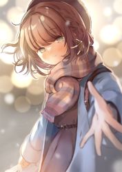 Rule 34 | 1girl, bad id, bad pixiv id, bag, black dress, blue coat, blurry, blurry background, blurry foreground, bokeh, braid, brown eyes, brown hair, brown hat, city lights, coat, commentary request, depth of field, dress, glint, hair ribbon, hat, highres, holding, holding bag, light blush, light smile, looking at viewer, open clothes, open coat, original, outstretched hand, plaid, plaid scarf, reaching, reaching towards viewer, ribbon, scarf, short hair, snow, solo, winter, yukimaru nun