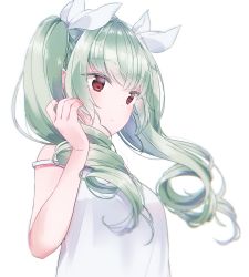 Rule 34 | 10s, 1girl, anchovy (girls und panzer), camisole, closed mouth, commentary, drill hair, girls und panzer, green hair, hair ribbon, hand in own hair, light frown, long hair, looking to the side, red eyes, ribbon, shirt, solo, standing, strap slip, tam a mat, twin drills, twintails, upper body, white background, white ribbon, white shirt, wind
