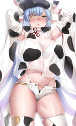 Rule 34 | 1girl, animal ears, animal print, armpits, arms behind head, arms up, bare shoulders, bikini, blue hair, blush, breasts, catura (granblue fantasy), cow ears, cow girl, cow hat, cow horns, cow print, deras, detached sleeves, draph, ear piercing, granblue fantasy, hat, highleg, highleg bikini, highres, horns, large breasts, long hair, looking at viewer, micro shorts, navel, open mouth, piercing, pointy ears, see-through, short shorts, shorts, swimsuit, thighhighs, thighs, white bikini, white shorts, wide sleeves, yellow eyes
