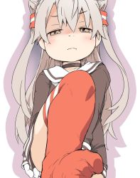 Rule 34 | 1girl, amatsukaze (kancolle), blush, brown dress, choker, commentary request, cowboy shot, dress, female focus, footjob, hair tubes, half-closed eyes, ham (points), highres, kantai collection, long hair, looking at viewer, out-of-frame censoring, red thighhighs, sailor collar, sailor dress, scowl, short dress, silver hair, simple background, solo, striped clothes, striped thighhighs, thighhighs, two side up, white sailor collar