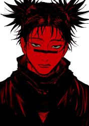 Rule 34 | 1boy, bags under eyes, black eyes, black hair, choso (jujutsu kaisen), half-closed eyes, highres, jujutsu kaisen, kmskc f, looking at viewer, male focus, messy hair, monochrome, parted bangs, portrait, scarf, simple background, solo, tattoo, twintails, white background