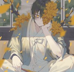 Rule 34 | 1boy, absurdres, bags under eyes, black hair, branch, closed mouth, collarbone, expressionless, falling petals, flower, folding fan, grey jacket, hand fan, head tilt, highres, holding, holding fan, jacket, korean clothes, limbus company, long sleeves, male focus, maratang, petals, project moon, sitting, solo, white tunic, wide sleeves, yellow eyes, yellow flower, yi sang (project moon)
