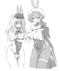 Rule 34 | + +, 2girls, animal ears, blush, bow, bowtie, breasts, cape, cleavage, cloak, covered navel, covering crotch, covering privates, cowboy shot, cropped legs, earrings, fake animal ears, fake tail, gloves, goddess of victory: nikke, greyscale, highleg, highleg leotard, highres, jewelry, large breasts, leotard, liliweiss (nikke), long hair, military uniform, monochrome, multiple girls, oversized clothes, pantyhose, rabbit ears, rabbit tail, short hair, simple background, skindentation, small breasts, snow white (innocent days) (nikke), snow white (nikke), star-shaped pupils, star (symbol), sweatdrop, symbol-shaped pupils, tail, thigh strap, uniform, visor (armor), white background, yatanukikey