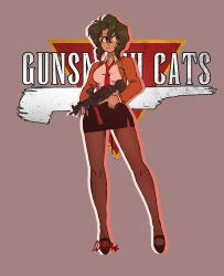 Rule 34 | 1girl, breasts, brown hair, dark-skinned female, dark skin, dulladoodles, full body, gun, gunsmith cats, h&amp;k mp5, high heels, highres, holding, holding weapon, jacket, left-handed, long sleeves, manly, necktie, pantyhose, portrait, rally vincent, short hair, skirt, smile, solo, standing, submachine gun, suit jacket, trigger discipline, weapon