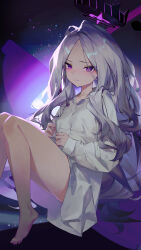 Rule 34 | 1girl, absurdres, backlighting, bare legs, barefoot, blue archive, blush, bottomless, closed mouth, collarbone, commentary, feet, foot out of frame, grey hair, halo, highres, hina (blue archive), knees up, legs, long hair, long sleeves, looking at viewer, parted bangs, purple eyes, ren huozhe, shirt, sitting, solo, toenails, toes, very long hair, white shirt