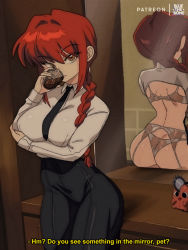 Rule 34 | 1girl, arm under breasts, ass, backless outfit, black necktie, black pants, bluethebone, bra, braid, braided ponytail, breasts, chainsaw man, collared shirt, commentary, cowboy shot, cup, english commentary, english text, garter belt, garter straps, highres, indoors, large breasts, lingerie, long sleeves, looking at viewer, makima (chainsaw man), meme, mirror, necktie, pants, red hair, retro artstyle, ringed eyes, shirt, subtitled, underwear, white shirt