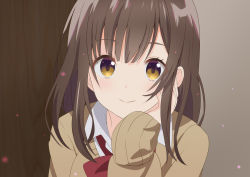 Rule 34 | 1girl, blush, bow, brown eyes, brown hair, brown sweater, closed mouth, collared shirt, commentary request, derivative work, female focus, hand up, hige wo soru. soshite joshikousei wo hirou., long hair, long sleeves, looking at viewer, ogiwara sayu, red bow, shirt, sleeves past wrists, smile, solo, sweater, upper body, white shirt, yutsuki warabi