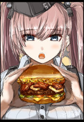 Rule 34 | 1girl, atlanta (kancolle), black border, blue eyes, blush, border, breasts, brown hair, burger, earrings, food, garrison cap, hat, headgear, highres, holding, holding food, jewelry, kantai collection, large breasts, long hair, no gloves, open mouth, see-through, seitei (04seitei), signature, simple background, single earring, sketch, solo, star (symbol), star earrings, twintails, yellow background