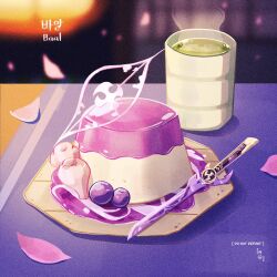 Rule 34 | aristomeow, artist name, blueberry, blurry, blurry background, cup, english text, falling petals, food, food focus, foodification, fruit, genshin impact, green tea, highres, indoors, korean text, lantern, mixed-language text, night, no humans, petals, plate, pudding, raiden shogun, shadow, shield, steam, sword, table, tablecloth, tea, teacup, watermark, weapon