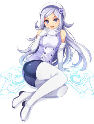 Rule 34 | 10s, 1girl, aila jyrkiainen, ass, bare shoulders, beret, black pantyhose, blush, boots, elbow gloves, gloves, gundam, gundam build fighters, hat, highres, long hair, looking at viewer, pantyhose, pondel, purple eyes, silver hair, smile, solo, thigh boots, thighhighs, thighs, white footwear, white gloves