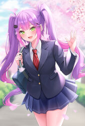 Rule 34 | 1girl, absurdres, green eyes, highres, hololive, hoshino reiji, long hair, long sleeves, looking at viewer, necktie, open mouth, outdoors, purple hair, red necktie, school uniform, smile, solo, tokoyami towa, twintails, virtual youtuber
