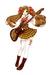Rule 34 | 1girl, absurdres, boots, bow, brown footwear, brown hair, electric guitar, full body, guitar, hair ribbon, highres, instrument, izumi (maiko), long hair, maid headdress, maidroid yukico-tan, music, official art, open mouth, playing instrument, plectrum, puffy short sleeves, puffy sleeves, ribbon, short sleeves, solo, striped, striped bow, thighhighs, transparent background, twintails, underbust, white thighhighs, yukico-tan, yukijirushi