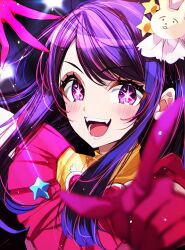 Rule 34 | 1girl, dress, fangs, gloves, hair ornament, highres, idol, idol clothes, looking at viewer, misteor, open mouth, pink dress, pink gloves, pointing, pointing at viewer, purple hair, rabbit hair ornament, solo, star-shaped pupils, star (symbol), star in eye, symbol-shaped eyes, symbol-shaped pupils, symbol in eye, teeth