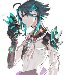 Rule 34 | 1boy, ahoge, aqua hair, armor, asymmetrical clothes, bead necklace, beads, black gloves, black hair, facial mark, forehead mark, genshin impact, gloves, highres, holding, holding mask, human homeosta, jewelry, male focus, mask, multicolored hair, necklace, profile, shoulder armor, simple background, solo, spikes, tassel, white background, xiao (genshin impact), yellow eyes