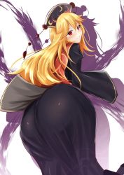 Rule 34 | 1girl, ass, ass focus, black dress, blonde hair, chinese clothes, dress, from behind, from below, hat, headdress, highres, huge ass, junko (touhou), long sleeves, looking at viewer, looking back, naughty face, red eyes, sinkai, sketch, sleeves past wrists, smile, solo, tabard, touhou, white background, wide sleeves