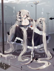 Rule 34 | 1girl, absurdly long hair, absurdres, azur lane, bare shoulders, between breasts, black dress, blush, breasts, bubble, cleavage, drain (object), dress, earrings, fish, formidable (azur lane), frilled dress, frills, grey hair, hair ornament, hair ribbon, hand up, helic (7317helic), highres, jewelry, large breasts, leaning forward, long hair, long sleeves, looking at viewer, nail polish, red eyes, ribbon, skirt hold, solo, twintails, underwater, very long hair