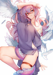 Rule 34 | 1girl, angel wings, arm up, ataruman, breasts, commentary request, commission, feathered wings, feathers, glasses, grin, highres, hip vent, large breasts, long hair, looking at viewer, multiple wings, off shoulder, original, panties, puffy short sleeves, puffy sleeves, purple eyes, purple hair, red-framed eyewear, semi-rimless eyewear, short sleeves, side-tie panties, simple background, single bare shoulder, smile, smirk, solo, suction cups, tattoo, tentacles, thigh strap, under-rim eyewear, underwear, white background, white wings, wings