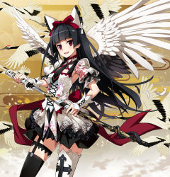 Rule 34 | &gt;:d, 10s, 1girl, :d, alternate costume, alternate weapon, armpits, asymmetrical legwear, bird, black hair, black necktie, black skirt, black wings, blunt bangs, bow, breasts, corset, cowboy shot, feathered wings, feathers, floral print, garter straps, gate - jieitai ka no chi nite kaku tatakaeri, hair bow, highres, hime cut, holding, holding weapon, katana, long hair, looking at viewer, mismatched legwear, multicolored wings, necktie, nyoro (nyoronyoro000), open mouth, puffy short sleeves, puffy sleeves, red bow, red eyes, rory mercury, sheath, short sleeves, skirt, small breasts, smile, solo, sword, thigh strap, thighhighs, unsheathing, v-shaped eyebrows, weapon, white bow, white wings, wings