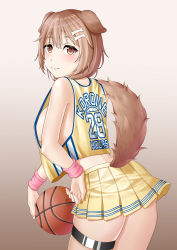 Rule 34 | 1girl, absurdres, animal ears, artist request, ass, bare shoulders, basketball, blush, breasts, brown eyes, brown hair, dog ears, dog tail, from behind, hair ornament, hairclip, highres, hololive, inugami korone, jersey, jfzm001, large breasts, looking at viewer, looking back, no bra, shiny clothes, shiny skin, short hair, sideboob, skirt, smile, solo, tail, thigh strap, virtual youtuber, wristband