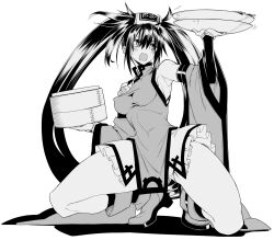 Rule 34 | 10mo, 1girl, armpits, bare shoulders, blush, breasts, china dress, chinese clothes, covered erect nipples, covered navel, detached sleeves, dress, frilled skirt, frills, greyscale, guilty gear, guilty gear x, guilty gear xx, hair between eyes, high heels, highres, kneeling, kuradoberi jam, long hair, medium breasts, monochrome, open mouth, pelvic curtain, plate, sidelocks, simple background, skin tight, skirt, solo, squatting, thick thighs, thighs, tight clothes, tiptoes, tray, white background, wide sleeves