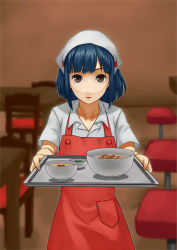 Rule 34 | 1girl, apron, atlus, blue hair, blurry, bow, bowl, breasts, brown eyes, chair, depth of field, eyebrows hidden by hair, facing viewer, floor, food, gyuudon, head scarf, holding, holding tray, indoors, looking at viewer, meat, medium breasts, medium hair, mimitabu, miso soup, nakamura aika, noodles, parted lips, persona, persona 4, persona 4 the animation, pocket, ramen, red apron, restaurant, room, shirt, short sleeves, solo, standing, table, tray, waitress, wall, white shirt