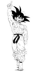 Rule 34 | 1boy, abs, arm at side, arm up, artist name, barefoot, belt, black belt, black eyes, black hair, blood, blood from mouth, blood on face, clenched hand, dirty, dirty clothes, dirty face, dirty feet, dragon ball, dragon ball (classic), dragonball z, exhausted, facing viewer, fenyon, fingernails, full body, greyscale, half-closed eyes, happy, highres, index finger raised, male focus, messy hair, monochrome, muscular, muscular male, nipples, official style, open mouth, pants, pectorals, ribs, scar, scar on chest, scratches, shadow, simple background, smile, solo, son goku, spiked hair, standing, toenails, topless male, toriyama akira (style), torn clothes, torn pants, walking, white background