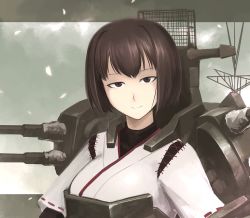 Rule 34 | 10s, 1girl, blush, brown eyes, brown hair, cherry blossoms, hetza (hellshock), hyuuga (kancolle), kantai collection, looking at viewer, muneate, personification, short hair, solo