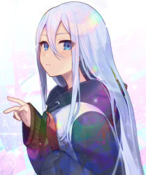 Rule 34 | 1girl, black jacket, blue eyes, blush, closed mouth, commentary request, hair between eyes, hand up, highres, jacket, long hair, long sleeves, looking at viewer, nou (nounknown), project sekai, silver hair, sleeves past wrists, solo, upper body, v, very long hair, yoisaki kanade