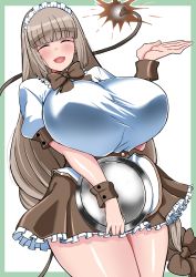 Rule 34 | 1girl, bombergirl, border, bow, breasts, brown bow, brown hair, commentary request, curvy, closed eyes, green border, hair bow, highres, huge breasts, komusou (jinrikisha), long hair, looking at viewer, maid headdress, open mouth, sepia belmont, smile, solo, thick thighs, thighs, tray, very long hair, white background, wide hips