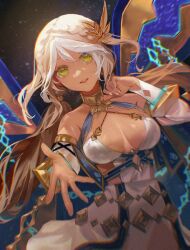 Rule 34 | 1girl, andromeda (fate), andromeda (first ascension) (fate), blonde hair, braid, breasts, choker, covered erect nipples, covered navel, daeraeband, dark-skinned female, dark skin, detached sleeves, fate/grand order, fate (series), gold choker, green eyes, hair between eyes, hair ornament, highres, jewelry, large breasts, long hair, parted lips, smile, solo, space, white hair, white sleeves, wings