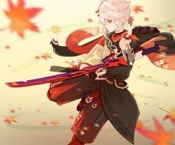 Rule 34 | 1boy, autumn leaves, bandaged hand, bandages, black shorts, blurry, blurry background, blurry foreground, bridal gauntlets, closed mouth, commentary, depth of field, genshin impact, grey hair, hakama, hakama shorts, highres, holding, holding sword, holding weapon, japanese clothes, kaedehara kazuha, leaf, long sleeves, looking away, maishtar colo, male focus, maple leaf, red eyes, shorts, solo, standing, standing on one leg, sword, weapon, wide sleeves