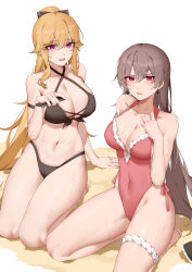 Rule 34 | 2girls, absurdres, alternate hairstyle, azur lane, beach, bikini, breasts, casual one-piece swimsuit, cellphone, cleavage, cosplay, costume switch, criss-cross halter, hairstyle switch, halterneck, highleg, highleg swimsuit, highres, jean bart (azur lane), jean bart (azur lane) (cosplay), jean bart (private apres midi) (azur lane), kneeling, large breasts, long hair, multiple girls, official alternate costume, one-piece swimsuit, phone, ponytail, purple eyes, richelieu (azur lane), richelieu (azur lane) (cosplay), richelieu (fleuron of the waves) (azur lane), smartphone, swimsuit, thigh strap, wsfw