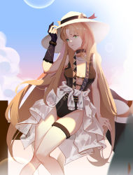 Rule 34 | 1girl, arknights, black choker, black gloves, black one-piece swimsuit, blonde hair, blurry, bokeh, breasts, center opening, choker, cloud, cloudy sky, commentary, depth of field, feet out of frame, gloves, green eyes, hat, highres, j fang, jewelry, knees together feet apart, long hair, looking at viewer, medium breasts, necklace, official alternate costume, one-piece swimsuit, outdoors, partially fingerless gloves, pearl necklace, sarong, sideboob, single glove, sky, solo, sun hat, swimsuit, swire (arknights), thigh gap, thigh strap, thighs, very long hair, white hat, white sarong
