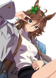 Rule 34 | 1girl, ahoge, alternate costume, animal ears, black skirt, blue eyes, book, breasts, brown hair, commentary request, couch, ear ornament, grey jacket, hair between eyes, hair ornament, hairclip, holding, holding book, horse ears, horse girl, jacket, long hair, long sleeves, looking at viewer, medium breasts, misu kasumi, mr. c.b. (umamusume), open clothes, open jacket, parted lips, semi-rimless eyewear, simple background, sitting, skirt, sleeveless, sleeveless sweater, smile, solo, sweater, umamusume, upper body, white background, white sweater